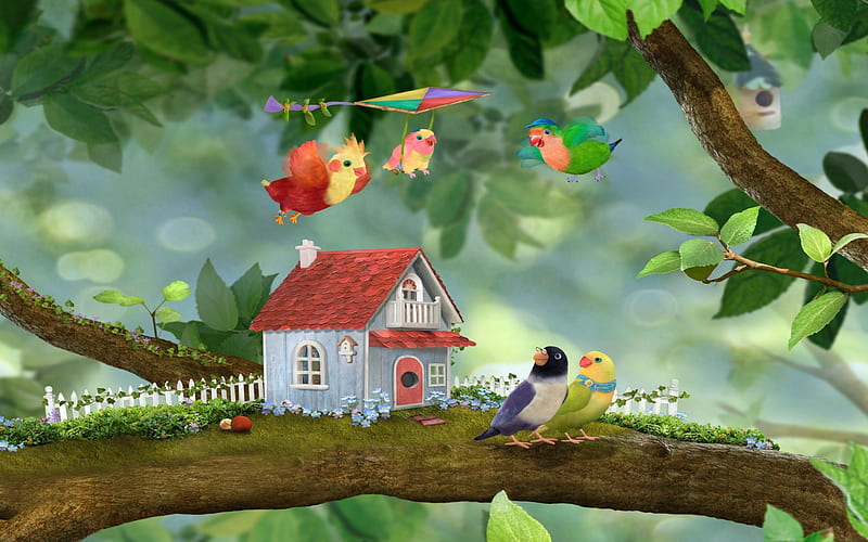 Playing in the Branches, fence, bird house, house, hang glider, glasses, home, birds, bird houses, leaves, cap, plants, flowers, vines, Spring, branches, HD wallpaper
