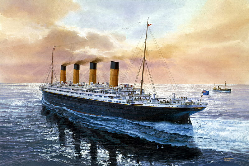 Titanic Steaming Ahead, art, cruise, line, ocean, sky, clouds, unsinkable, titanic, boat, ship, drawing, painting, HD wallpaper