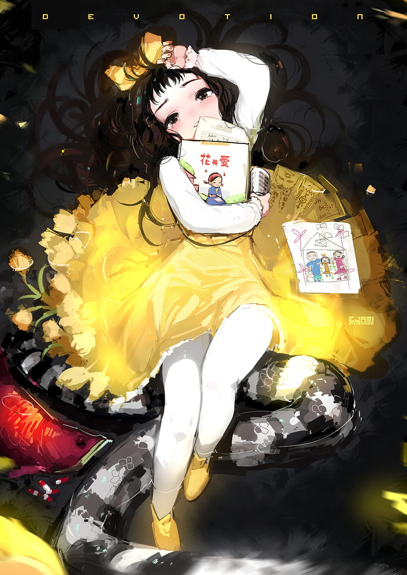 anime girls, anime, flowers, yellow dress, arms up, HD phone wallpaper