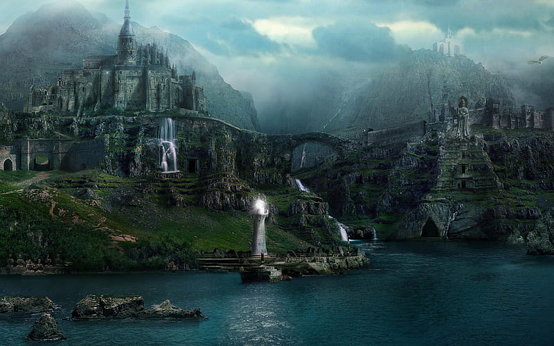 The Lost City of Forgotten Dreams, mountain, fantasy, abstract, lake, HD wallpaper
