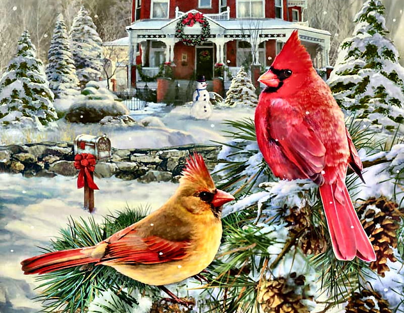Cardinal Holiday Retreat F1C, Christmas, art, holiday, December, bonito, illustration, artwork, winter, cardinals, snow, painting, wide screen, occasion, scenery, HD wallpaper
