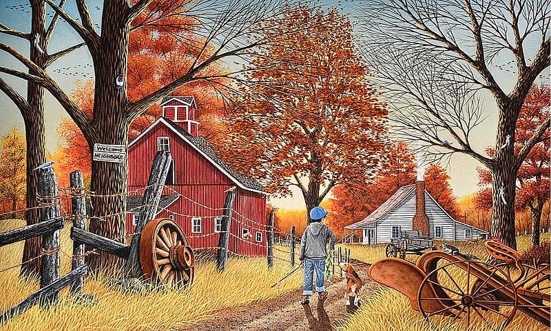 Going Fishing With my Buddy, Nostalgic, houses, Autumn, scenery, fishing, dog, little boy, farm, Rural life, Painting, HD wallpaper