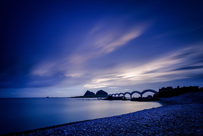 sea, coast, stones, bridge, sunset, evening, HD wallpaper