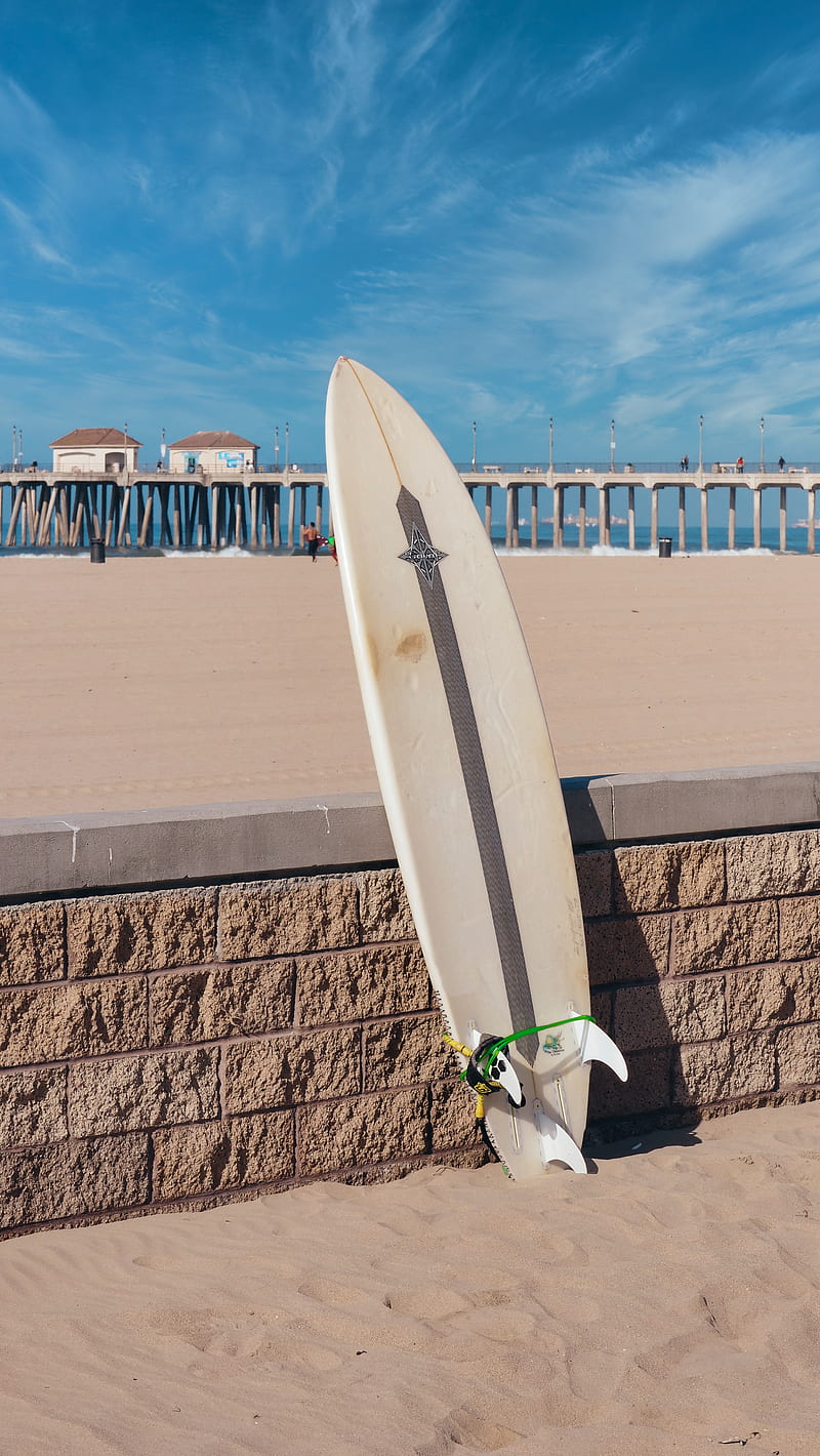 White Surfboard on Brown Brick Wall, HD phone wallpaper