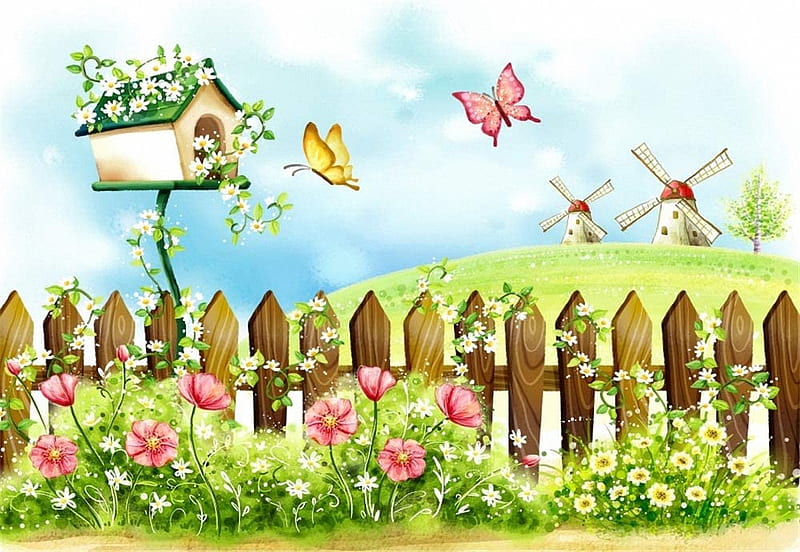 Garden in Spring, fence, birds, flowers, butterflies, painting, HD wallpaper