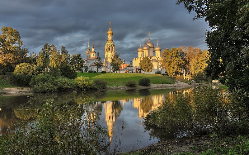 Monastery in Vologda, Russia, Russia, church, monastery, calm, river, reflection, HD wallpaper