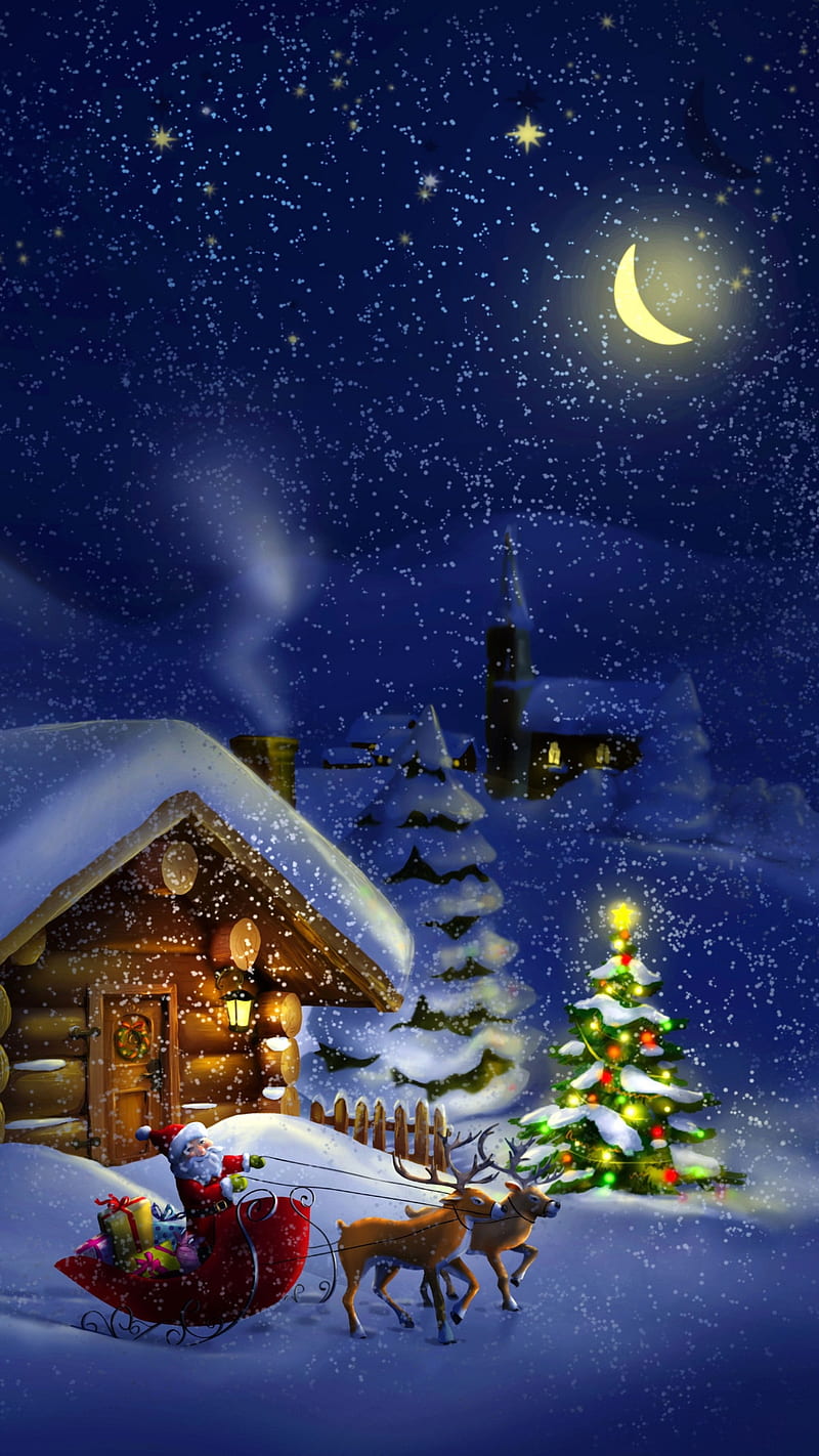 Santa Claus, winter, night, holiday, deer, moon, house, tree, stars,  christmas, HD phone wallpaper | Peakpx