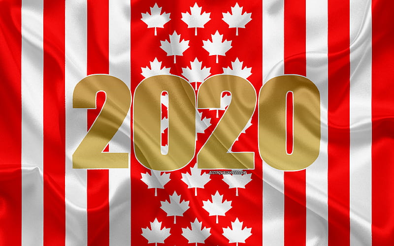 Happy New Year 2020, Canada, 2020 Canada, New Year 2020, 2020 concepts, Canada flag, silk texture, white flag, Canadian flag, HD wallpaper