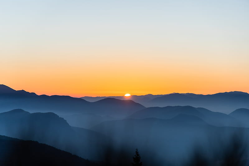 mountains, fog, dawn, dusk, landscape, HD wallpaper