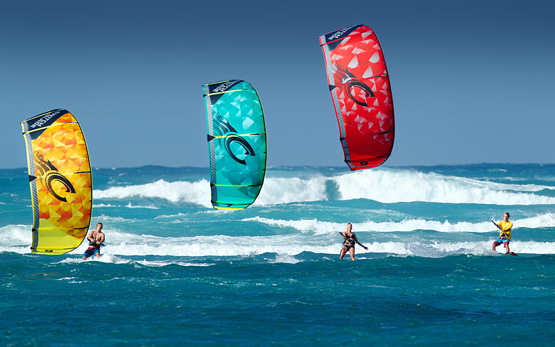 Kitesurfing, extreme sports, sea, summer, beach sports, Kite parachute, HD wallpaper