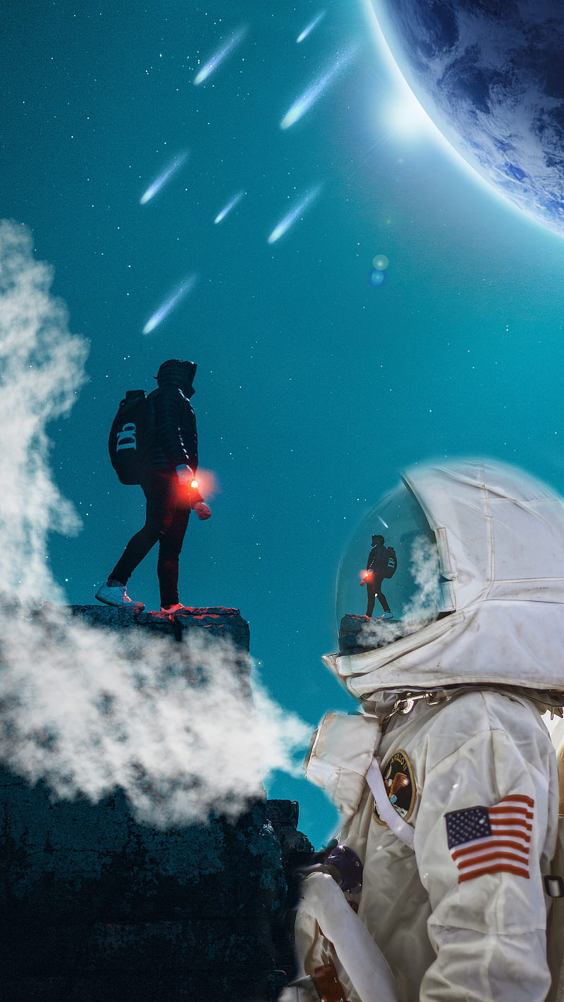Astronaut , fume, moon, reflexion, sky, HD phone wallpaper