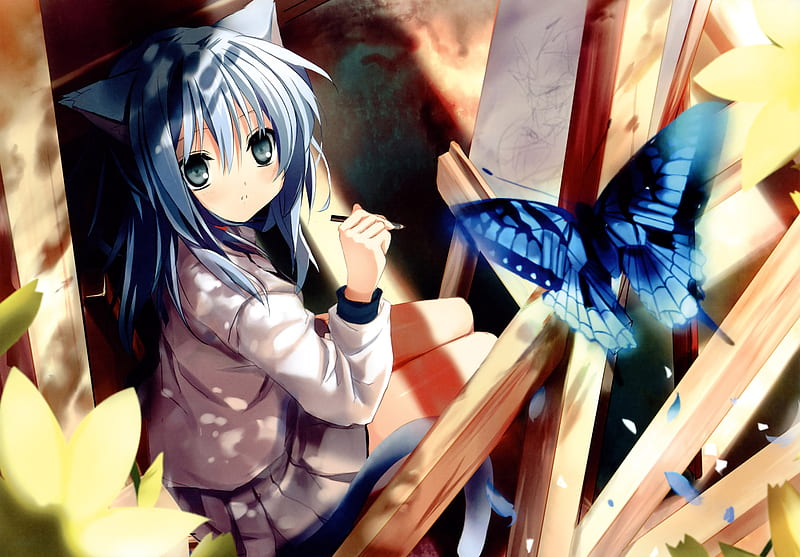 Neko Girl drawing Blue Butterfly, blue hair, neko girl, drawing, cute anime girl, cat girl, artist easel, blue butterfly, HD wallpaper