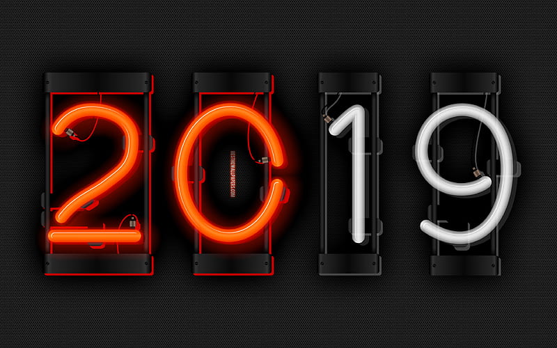 2019 year, neon digits, embroidery, metal background, 2019 concepts, Happy New Year 2019, HD wallpaper