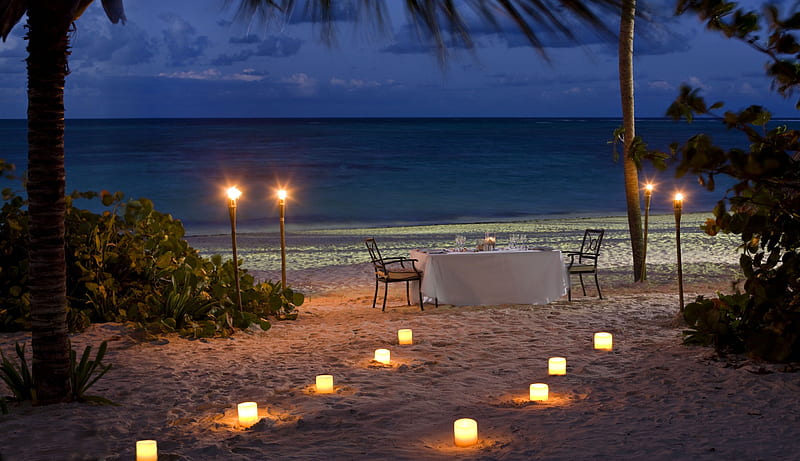 Romantic Dining on Beach, polynesia, dinner, dusk, candlelight, sunset, twilight, eat, sea, beach, bora bora, sand, dining, night, torches, exotic, islands, romantic, romance, food, ocean, table for two, candles, paradise, island, tahiti, tropical, HD wallpaper