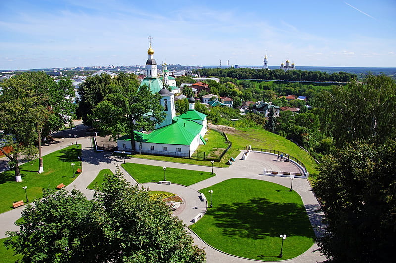 view from top, building, summer, architecture, temple, vladimir, russia, HD wallpaper