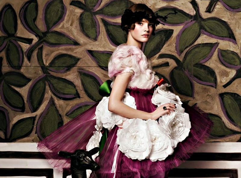 Natalia Vodianova, dress, model, rose, woman, hat, retro, girl, green, purple, flower, fashion, white, pink, HD wallpaper