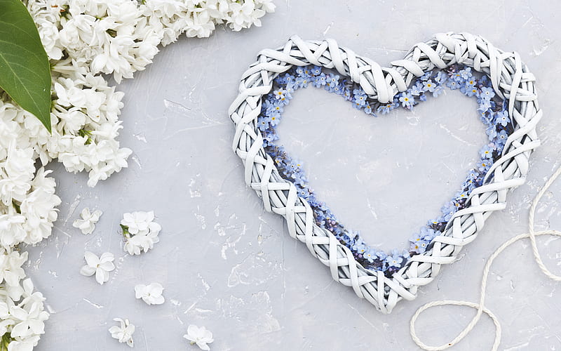 creative heart, Valentines Day, wicker heart, spring bloom, white spring flowers, March 8, background, heart, HD wallpaper