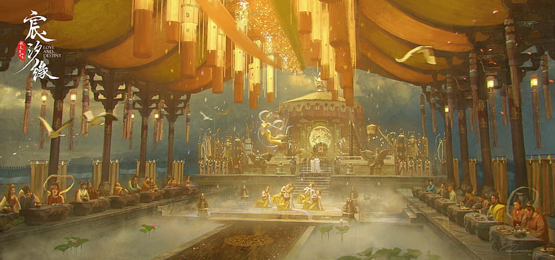 Banquet, art, fantasy, luminos, people, golden, yellow, rowena wang, love and destiny, HD wallpaper