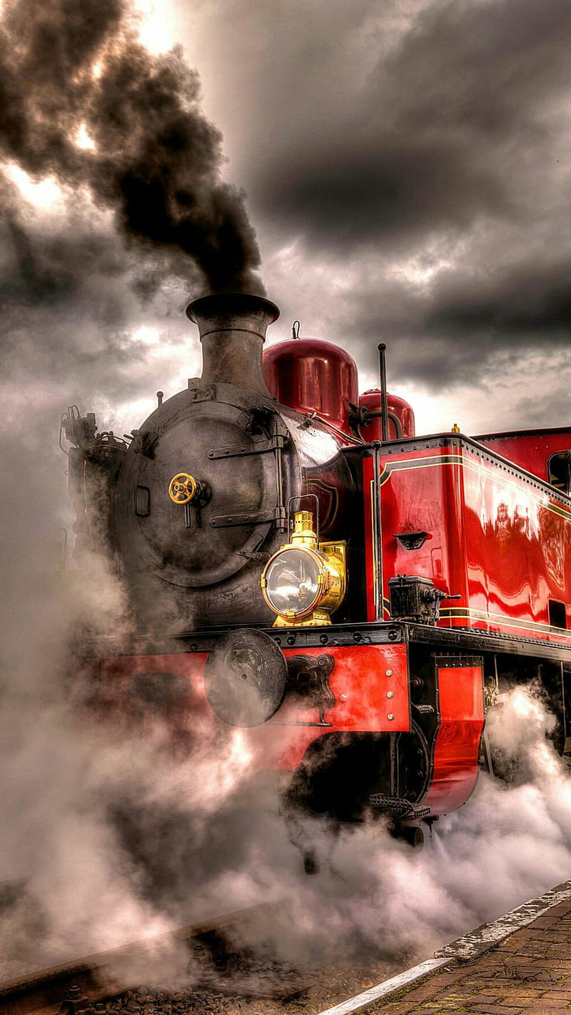 Steam train, old, red, smoke, steam, train, vehicle, HD phone wallpaper