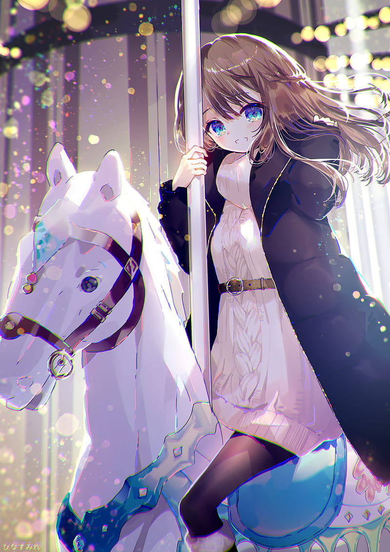 anime girl, merry-go-round, amusement park, loli, cute, smiling, blue eyes, Anime, HD phone wallpaper