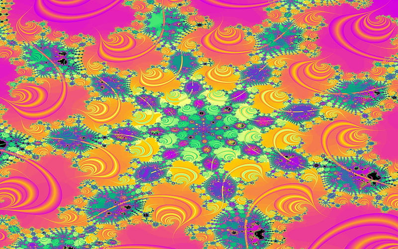 Psychedelic Flowers, shapes, orange, colors, yellow, abstract, psicodelia, green, purple, flowers, pink, blue, HD wallpaper