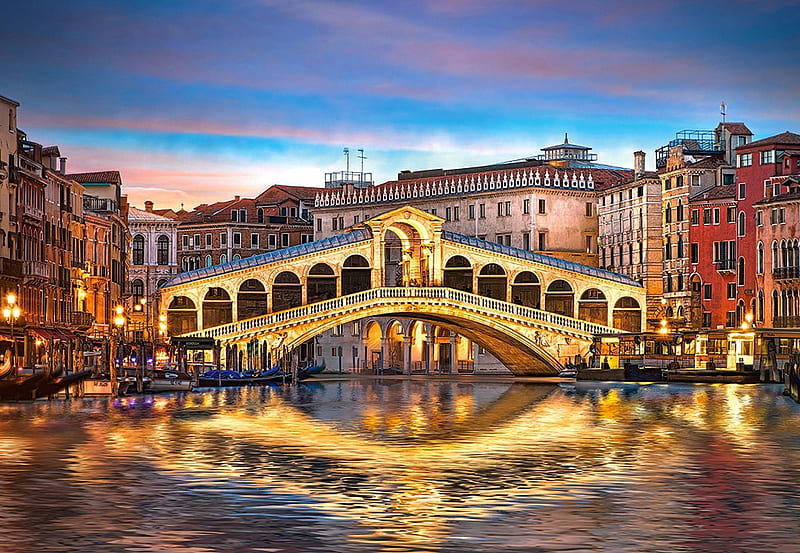 Rialto by Night, italy, city, canal, houses, venice, reflections, HD wallpaper