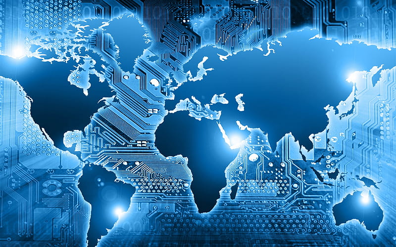 Blue technology world map, digital world map, blue background, technological background, internet concepts, network, world map concepts, HD wallpaper