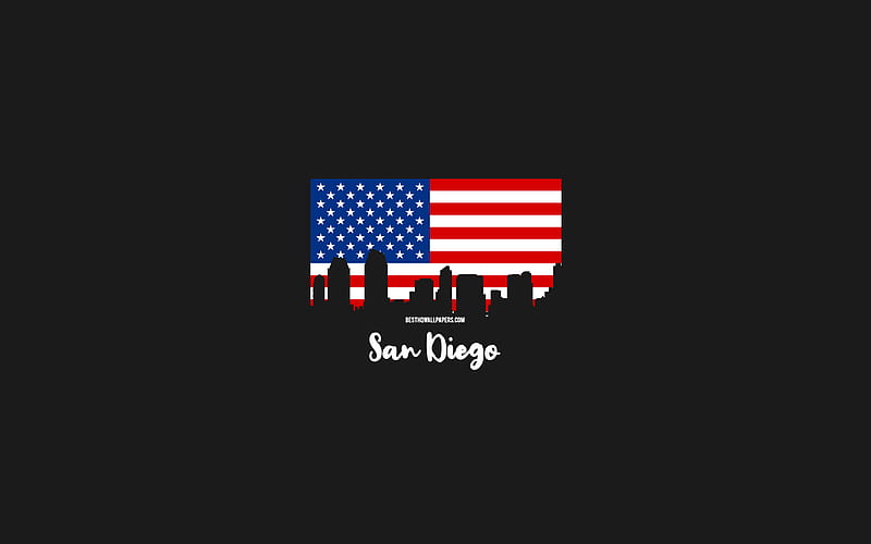 San Diego, American cities, San Diego silhouette skyline, USA flag, San Diego cityscape, American flag, USA, San Diego skyline, HD wallpaper