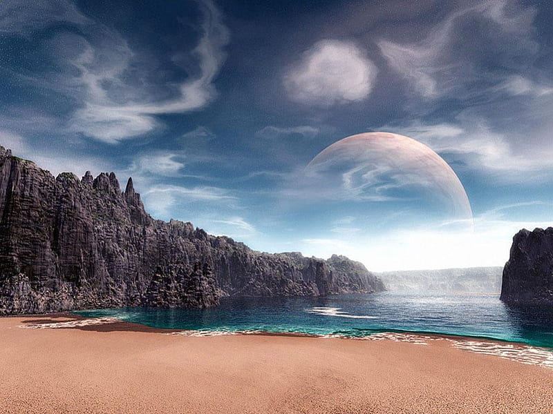 alien world, beach, moon, cliffs, blue sky, clouds, sea, HD wallpaper