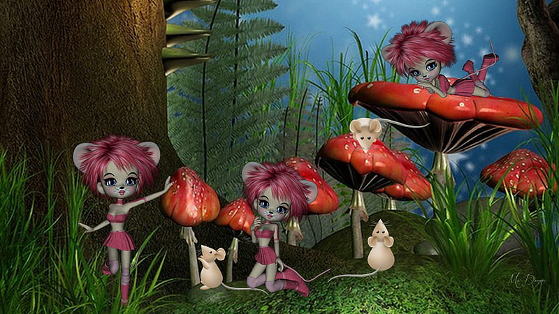 Mouse Fairies, toadstools, fantasy, grass, mice, fairies, mushrooms, field, HD wallpaper