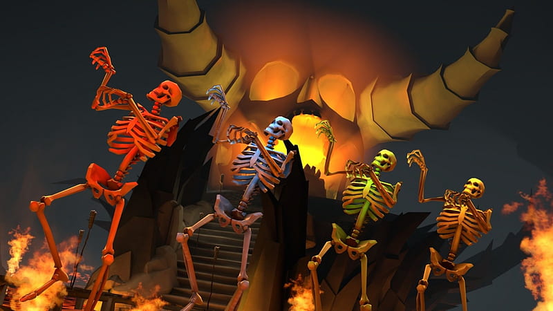 dancing skeletons, temple, fire, stairs, skeleton, HD wallpaper