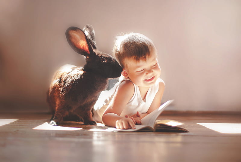 Rabbit And Children Cute, child, cute, rabbit, HD wallpaper