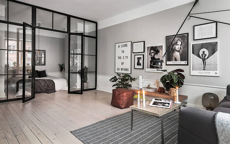 stylish living room interior, bedroom behind a glass wall, english style interior, modern interior design, HD wallpaper