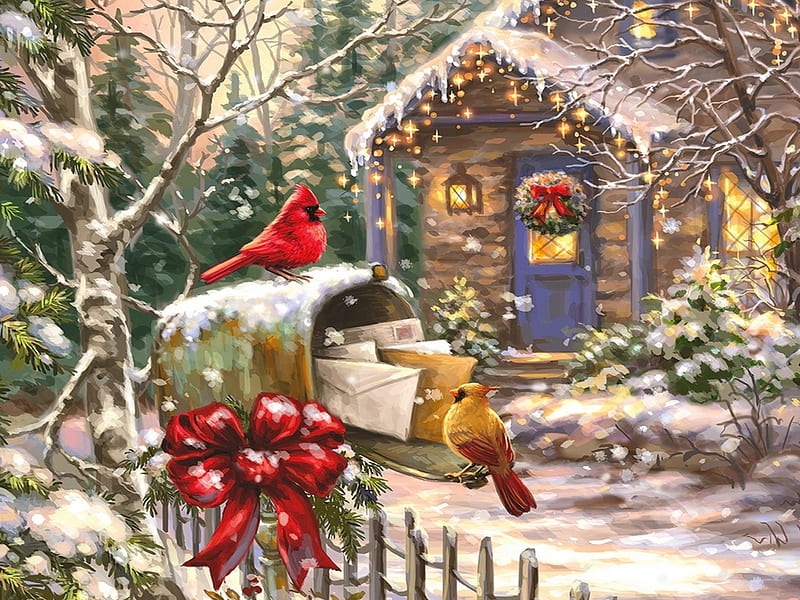 Cardinal cottage - detail, holiday, snow, cottage, mail, snowfall, winter, house, birds, cardinals, countryside, village, HD wallpaper