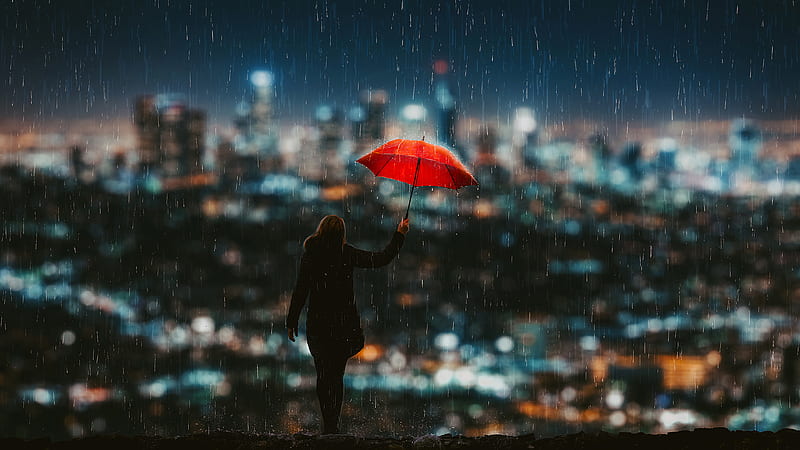 Catch The Rain , artist, artwork, digital-art, rain, umbrella, alone, HD wallpaper