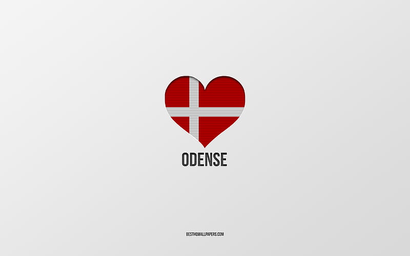 I Love Odense, Danish cities, gray background, Odense, Denmark, Danish flag heart, favorite cities, Love Odense, HD wallpaper