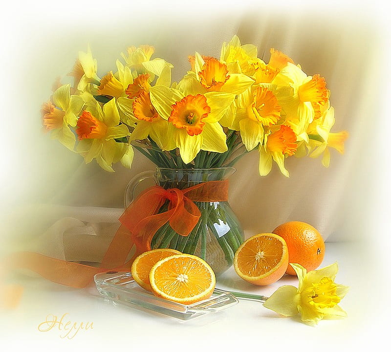 still life orange, fresh, ribbon, yellow, bonito, oranges, fruit, glass, graphy, flower, jug, flowers, daffodils vase, harmony, HD wallpaper
