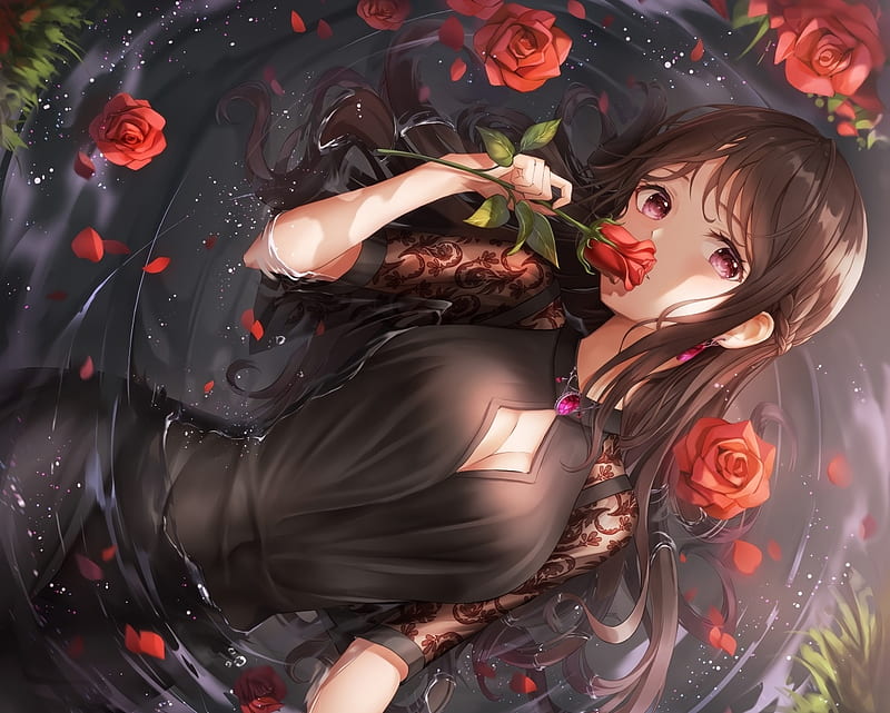 red, water, lunacle, girl, rose, anime, flower, manga, black, HD wallpaper  | Peakpx
