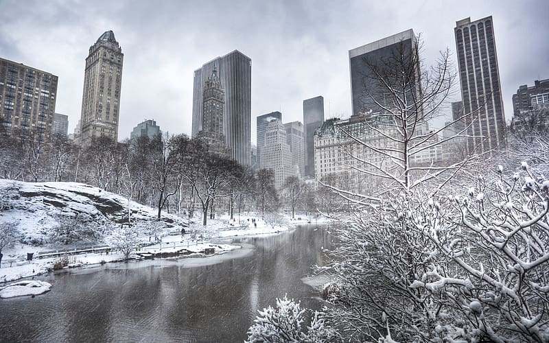 Winter, Snow, City, Skyscraper, Building, Lake, Park, New York, Manhattan,  Central Park, HD wallpaper | Peakpx
