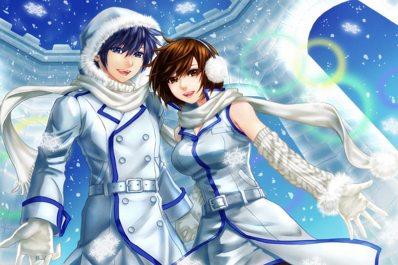 Kaito ♡ Meiko, pretty, guy, sweet, cold, kaito, nice, anime, love, handsome, hot, anime girl, vocaloids, couple, meiko, vocaloid, female, male, lovely, romantic, romance, sexy, winter, cute, boy, cool, girl, snow, lover, HD wallpaper