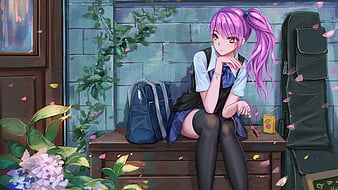 Cute Anime School Girl Pink Hairs Sitting On Bench, anime-girl, anime, artist, artwork, digital-art, artstation, HD wallpaper