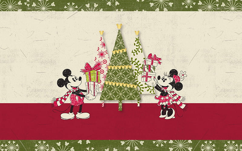 **Retro Disney Christmas**, Mickey, Christmas, Disney, Mouse, Minnie, Retro, HD wallpaper