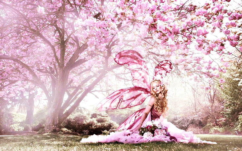 Fairy, sakura, art, wings, viona, spring, woman, tree, blossom, fantasy ...