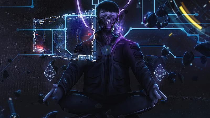 Cyberpunk Gas Mask Man Meditating, HD wallpaper