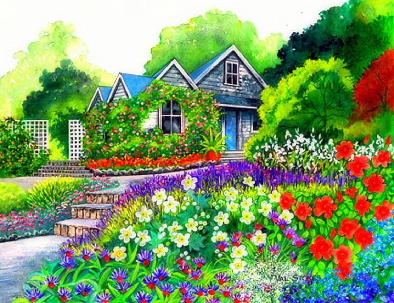 ★Gardener's Delight★, architecture, stunning, home, attractions in dreams, bonito, paintings, flowers, lovely flowers, houses, love four seasons, places, delight, creative pre-made, country, memories, gardens, summer, gardens and parks, HD wallpaper
