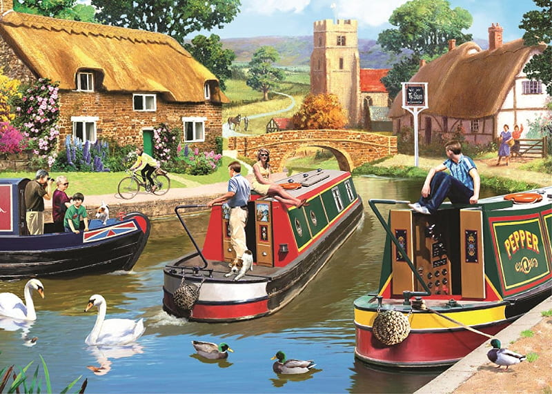 Navigating The Turn, cottage, canal, ducks, church, swans, cyclist, water, bridge, barge, HD wallpaper