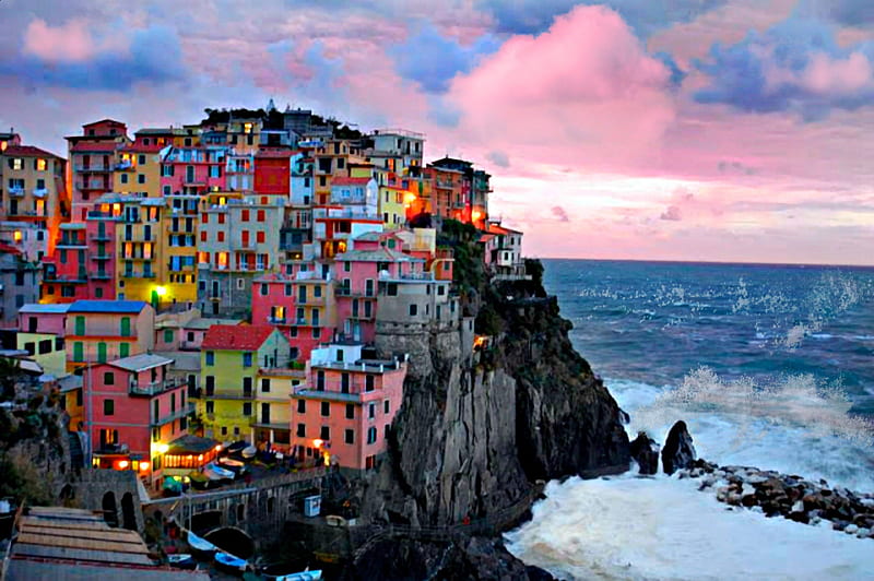 Seaside Cliff 2598x1729, colorful, Italy, houses, ocean, colors, rainbow, clouds, seaside, cliff, landscape, HD wallpaper