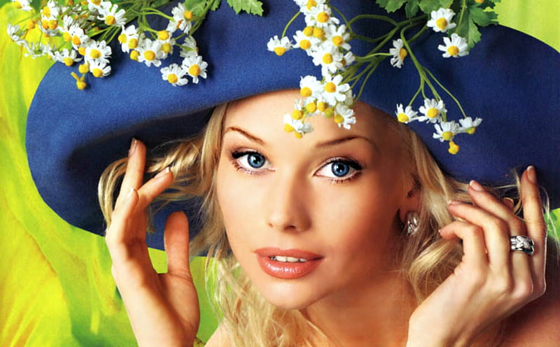 Elena Korikova, blonde, woman, hat, girl, green, actress, flower, beauty, russian, face, blue, HD wallpaper