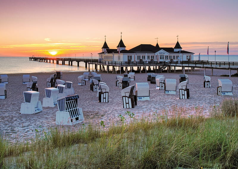 Ahlbeck, Germany, beach, baltic, pier, nature, sunset, sea, HD wallpaper