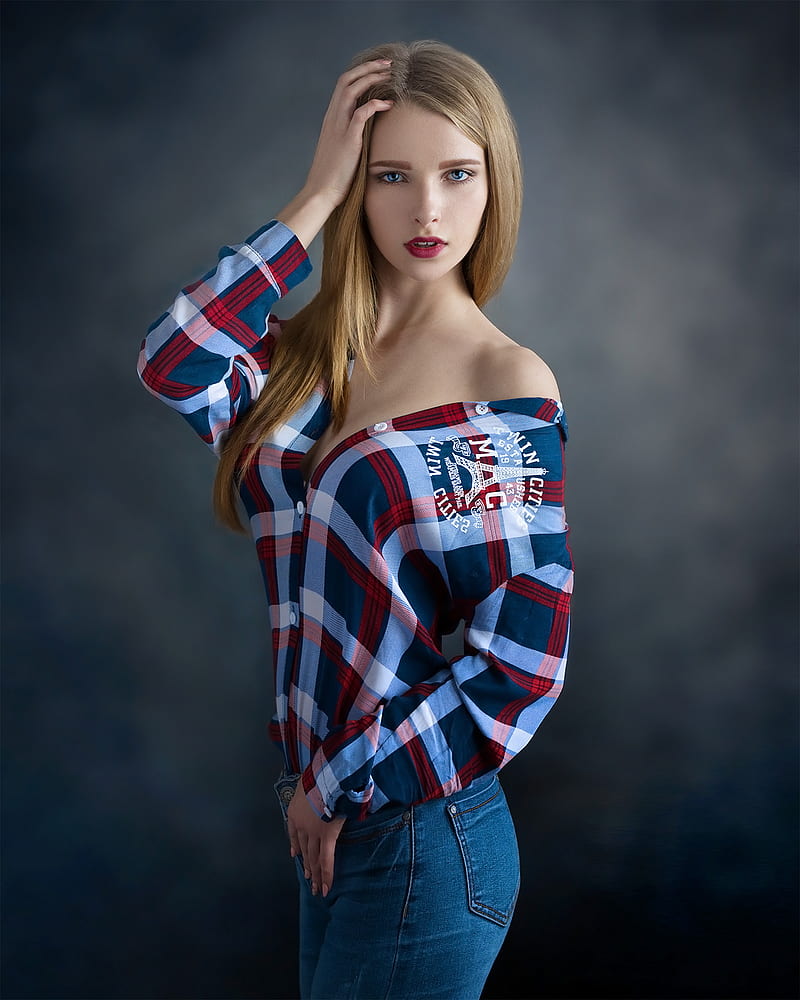 Evgeny Sibiraev, women, blonde, long hair, straight hair, hand on head, blue eyes, looking at viewer, makeup, lipstick, bare shoulders, pattern, shirt, open clothes, jeans, denim, HD phone wallpaper
